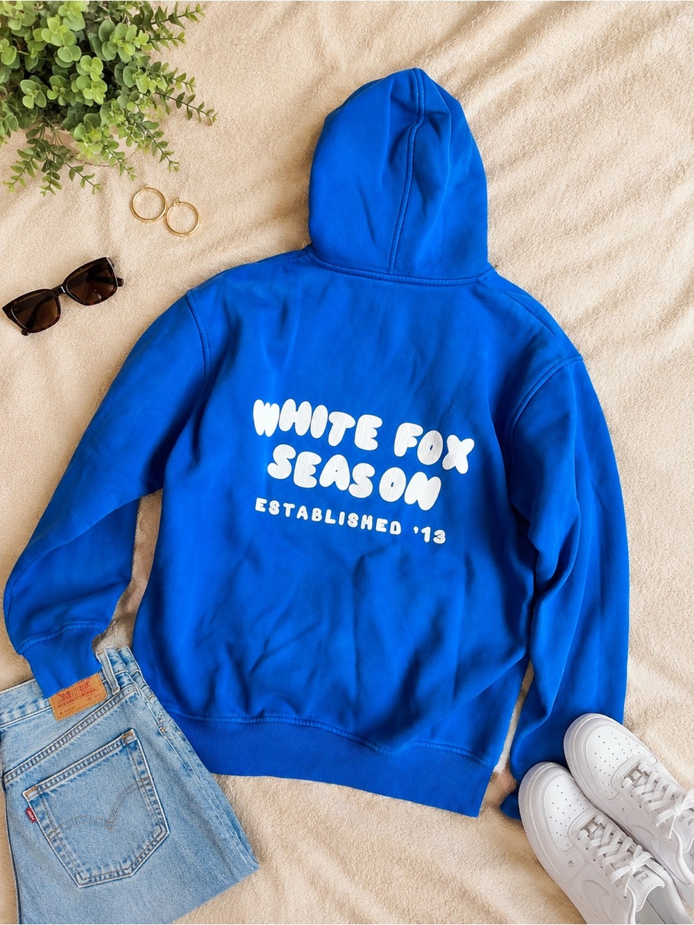 White Fox Season Blue Hoodie with White Text